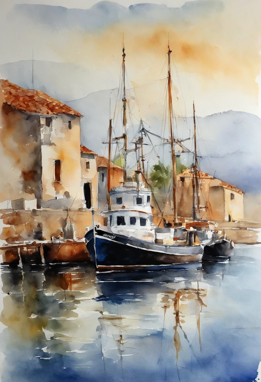 Puerto de barcos pesqueros,embarcadero,Barcos de pesca en el mar,Grandes buques pesqueros modernos,Atracado en el muelle,Stand on the dock and look ahead.,Mirando al frente,Pintura de paisaje pura