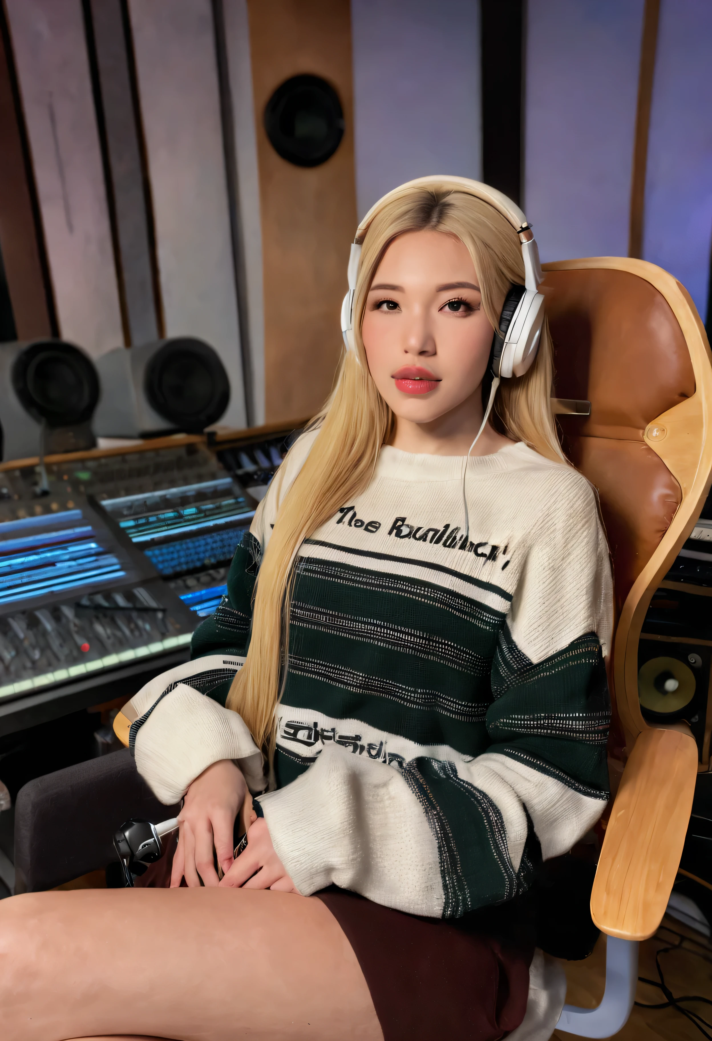 MsPuiYi, 1girl, solo, long hair, looking at viewer, blonde hair, sitting, sweater, lips, headphones, chair, instrument, head rest, realistic, recording studio