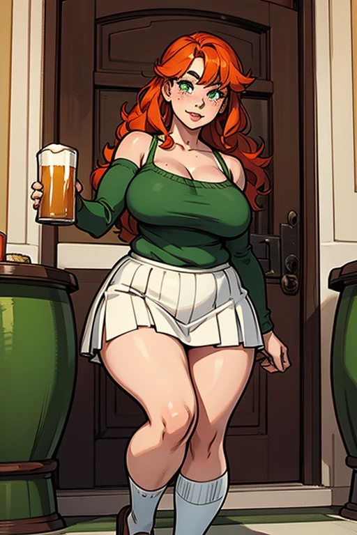 freckles, beautiful, masterpiece, red-orange hair, plump breasts, plump hips, plump thighs, hourglass-figure, irish, large eyes, green pupils, curly hair, long hair, red-orange eyebrows, nose, thick eyelashes, beer jug, bare shoulders, white 1800's top, green coreset, green skirt, white thigh-high socks, black tap-shoes, st-patrics day, white skirt, two-toned skirt