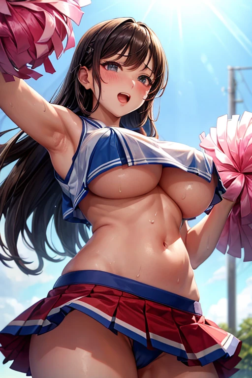 one woman,high school girl,big breasts,Belly exposure,highest quality,Super high quality,Cute face,cheerleader,Cheerleader,underboob,Breasts fully visible,sweat all over,nipples are visible,Angle from directly below,erect nipples,I'm rubbing my,