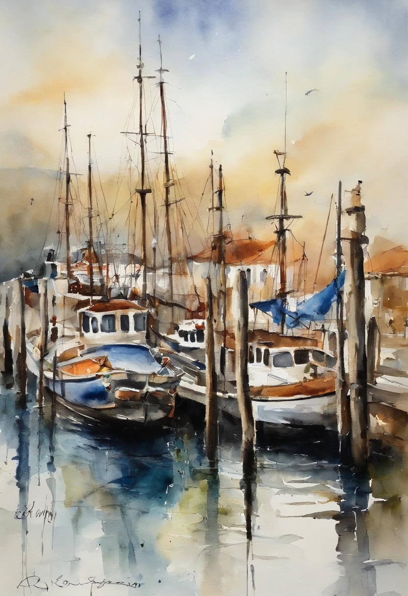 Puerto de barcos pesqueros,embarcadero,Barcos de pesca en el mar,Grandes buques pesqueros modernos,Atracado en el muelle,Stand on the dock and look ahead.,Mirando al frente,Pintura de paisaje pura