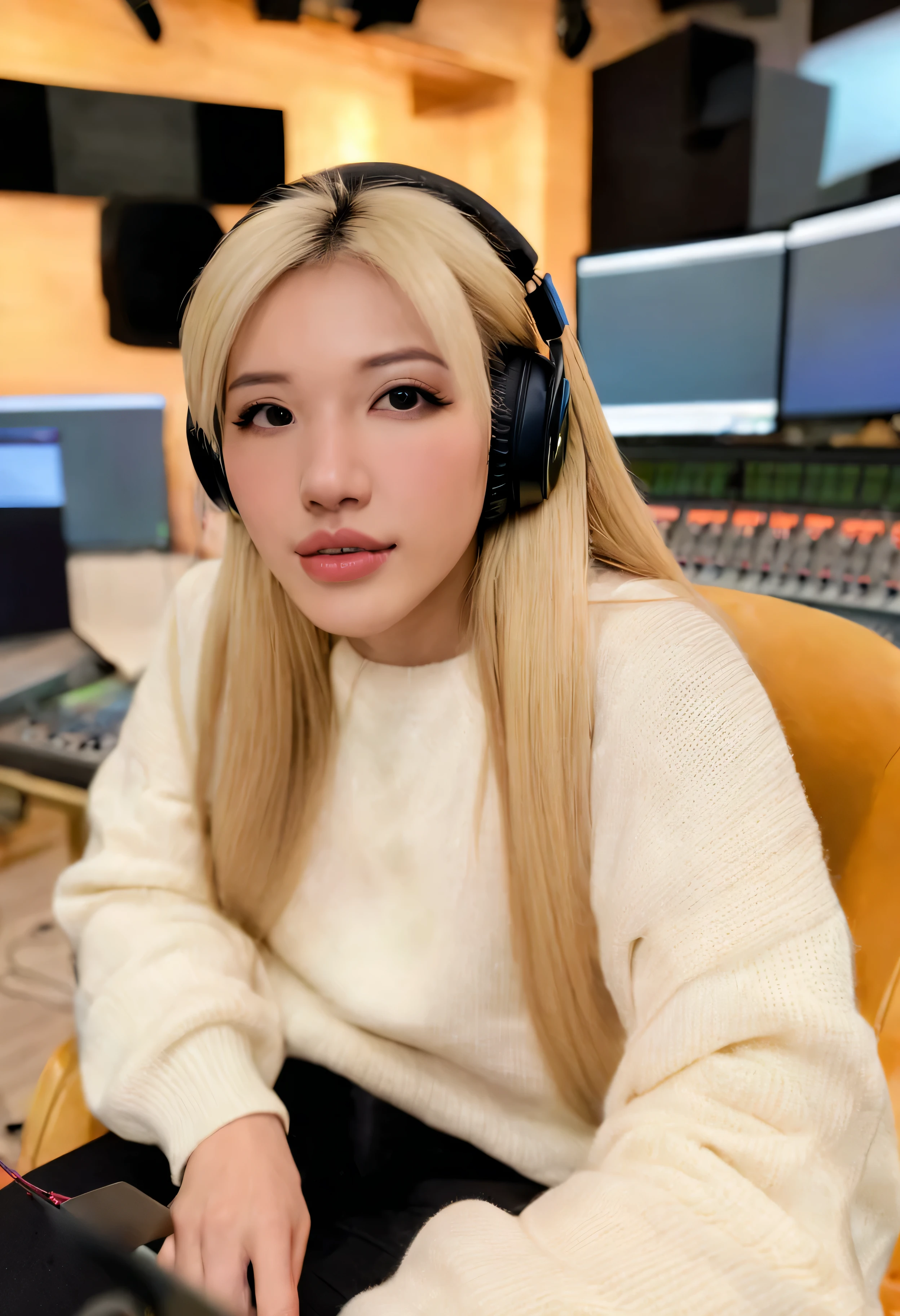 MsPuiYi, 1girl, solo, long hair, looking at viewer, blonde hair, sitting, sweater, lips, headphones, chair, instrument, head rest, realistic, recording studio