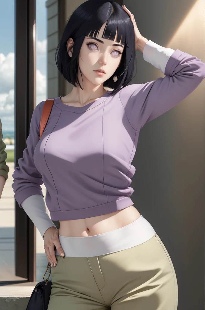 { - anatomy error}(Masterpiece - Ultra-detailed, very high resolution) , absurdos, Hinata\(Boruto\), 1girl, sozinho,Mature female, Capuz roxo,mangas em camadas, brown pants, ao ar livre, Cloudy sky, perfect composition, circunstanciado lips, peito grande, beautiful face, body propotion, corar, (pink lips), cabelos pretos curto (black hair), lilac eyes, olhar suave, super realistic, circunstanciado, Photo Session, rosto e corpo realistas, Realistic hair, olhos realistas, nariz realista, realistic lips, brown pants, anime, reading, writing, dynamic poses, closed mouth. Different Pose.
