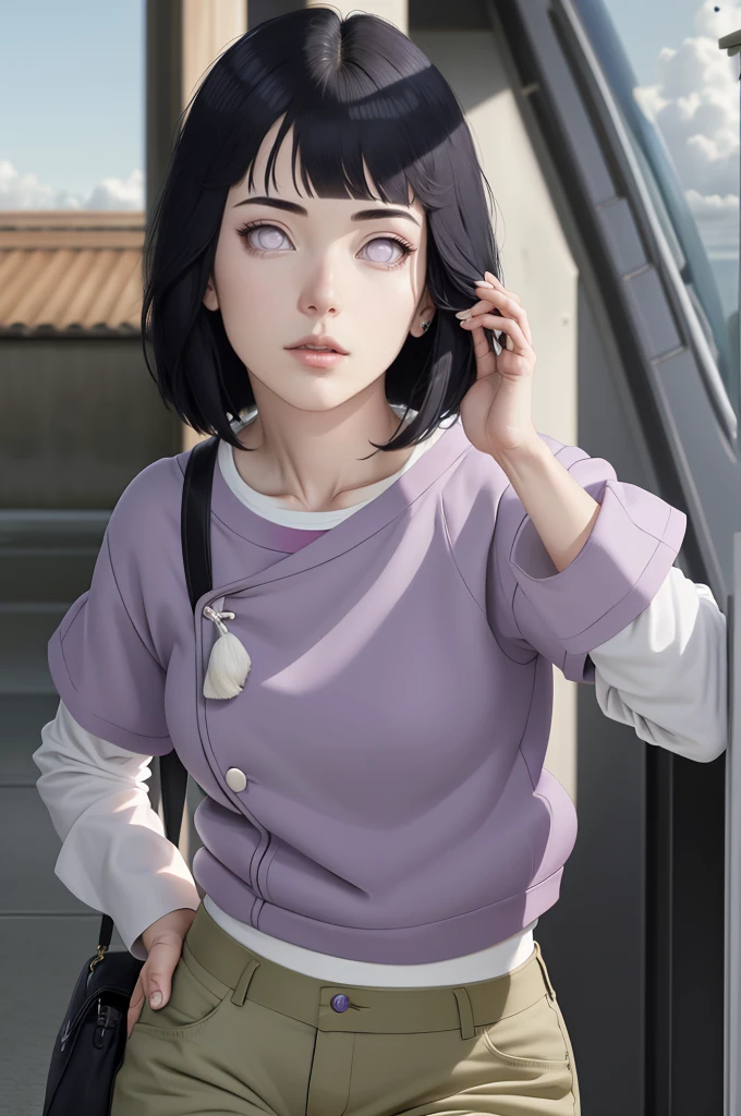 { - anatomy error}(Masterpiece - Ultra-detailed, very high resolution) , absurdos, Hinata\(Boruto\), 1girl, sozinho,Mature female, Capuz roxo,mangas em camadas, brown pants, ao ar livre, Cloudy sky, perfect composition, circunstanciado lips, peito grande, beautiful face, body propotion, corar, (pink lips), cabelos pretos curto (black hair), lilac eyes, olhar suave, super realistic, circunstanciado, Photo Session, rosto e corpo realistas, Realistic hair, olhos realistas, nariz realista, realistic lips, brown pants, anime, reading, writing, dynamic poses, closed mouth. Different Pose.
