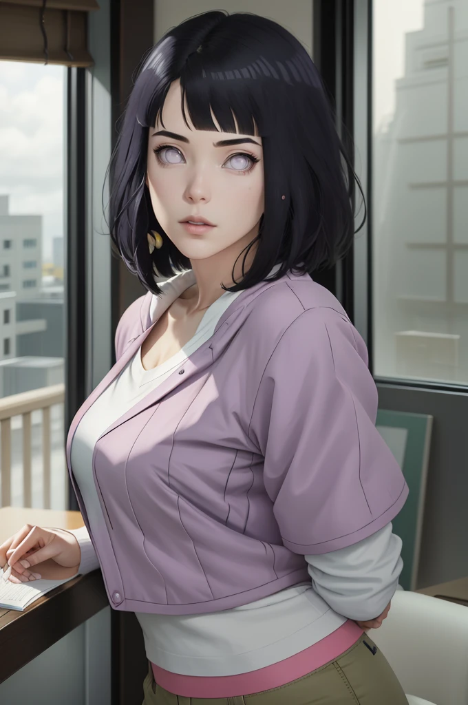 { - anatomy error}(Masterpiece - Ultra-detailed, very high resolution) , absurdos, Hinata\(Boruto\), 1girl, sozinho,Mature female, Capuz roxo,mangas em camadas, brown pants, ao ar livre, Cloudy sky, perfect composition, circunstanciado lips, peito grande, beautiful face, body propotion, corar, (pink lips), cabelos pretos curto (black hair), lilac eyes, olhar suave, super realistic, circunstanciado, Photo Session, rosto e corpo realistas, Realistic hair, olhos realistas, nariz realista, realistic lips, brown pants, anime, reading, writing, dynamic poses, closed mouth. Different Pose.