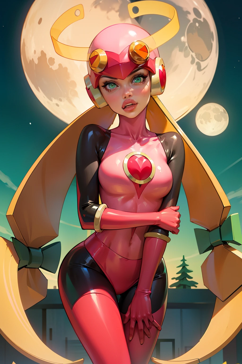 (Aletta ocean face), Waifu, masterpiece, curvy, breasts, moon, full moon, gloves, 1girl, clenched teeth, cleavage, large roll_exe_megamanbn,(helmet),blonde hair,long hair,leotard,green eyes,pink bodysuit,pink legs, pink hips, black torso, breasts, ((roll_exe:1.2)), (small breasts:1.4), rating:explicit,rule34, , tits,clenched hands, night, sky, ((pink bodysuit:1.4)),(white skin:1.4), clenched hand, rating:questionable, (((long blonde hair:1.5))), solo, angry, lip biting, official illustration, illustration, detailed face, beautiful intricate eyes, curvy milf, 1:2), closeup, titsnipples