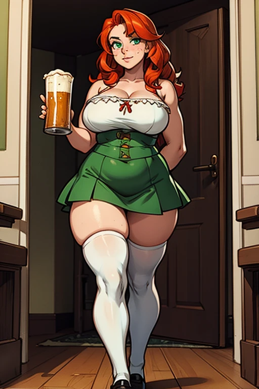 freckles, beautiful, masterpiece, red-orange hair, plump breasts, plump hips, plump thighs, hourglass-figure, irish, large eyes, green pupils, curly hair, long hair, red-orange eyebrows, nose, thick eyelashes, beer jug, bare shoulders, white 1800's top, green coreset, green skirt, white thigh-high socks, black tap-shoes, st-patrics day