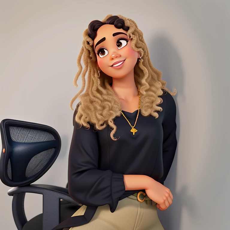 Uma mulher de pele negra e uma pinta pequena e delicada no canto do lado esquerdo do nariz estilo disney pixar, alta qualidade, melhor qualidade