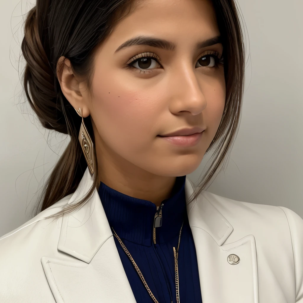 Fondo blanco, ID card style. Una mujer con rasgos gringos, ojos marrones, nariz respingada, contextura delgada. Tiene cabello amarillo y viste un traje de ejercicio.