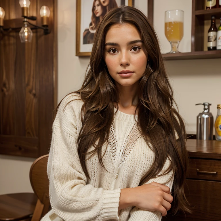 Arafed woman with long brown hair wearing a white sweater., cerveza madison girl portrait, olivia culpo, long, loose brown hair, cerveza madison, Cabello largo y ondulado moreno, Retrato de Sophie Mudd, girl with brown hair, soft devil queen cerveza madison, long wavy brown hair, long wavy brown hair, By the chestnut, long brown hair, By the chestnut largo y rizado