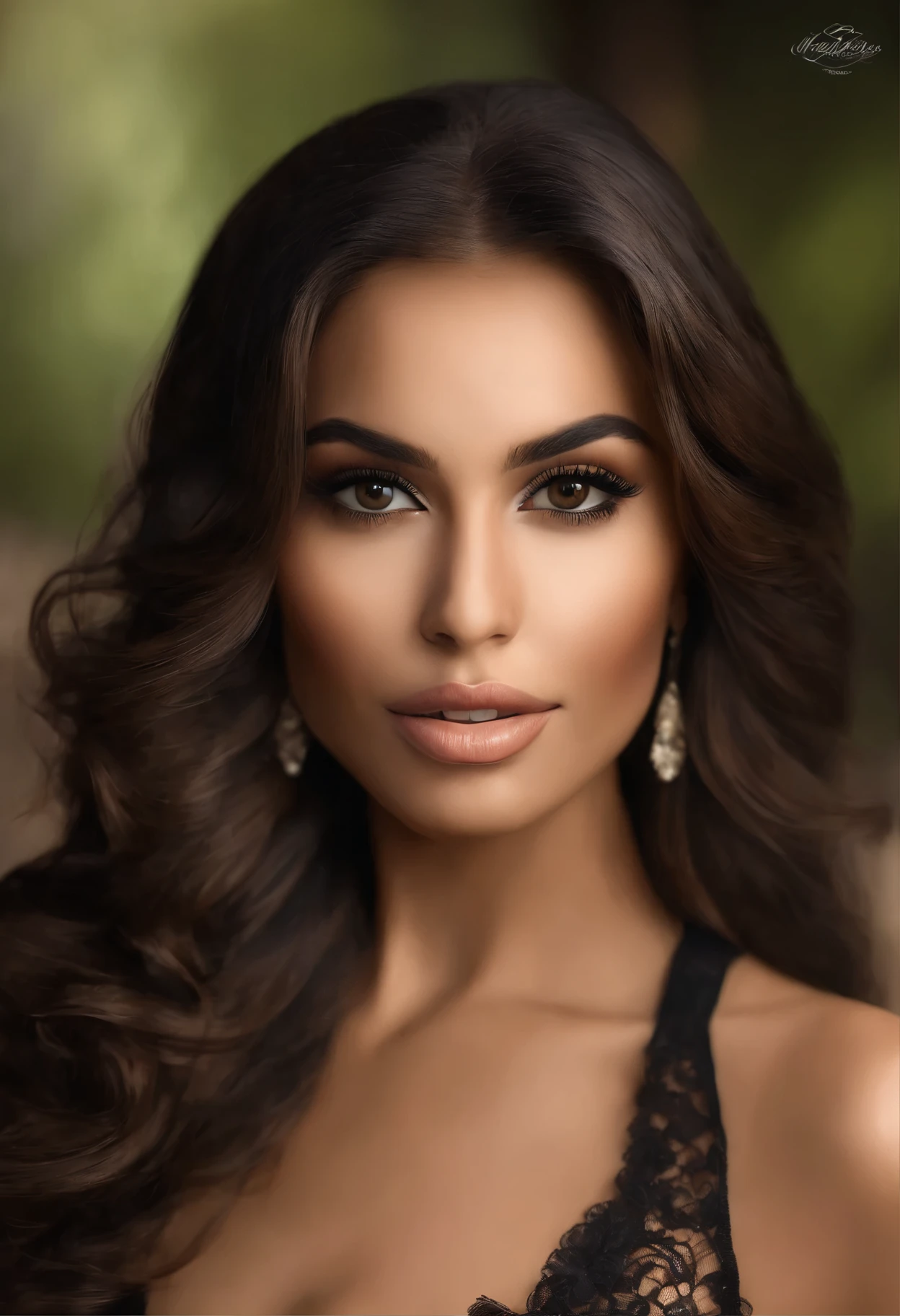 (best quality:1.2,highres,ultra-detailed,realistic:1.37),portrait,beautiful detailed big round eyes,beautiful detailed lips,long eyelashes,black lace lingerie,nude glossy lipstick,30 year old,Iraqi lady with a tan dark hair with blonde highlights long flowing hair brown skin