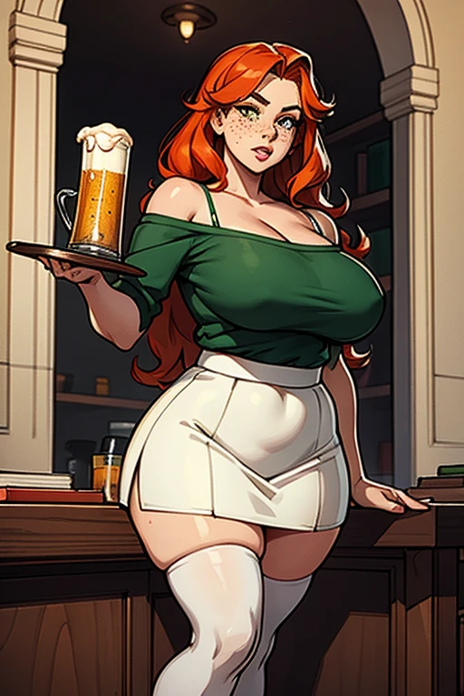 freckles, beautiful, masterpiece, red-orange hair, plump breasts, plump hips, plump thighs, hourglass-figure, irish, large eyes, green pupils, curly hair, long hair, red-orange eyebrows, nose, thick eyelashes, beer jug, bare shoulders, white 1800's top, green coreset, green skirt, white thigh-high socks, black tap-shoes, st-patrics day, white skirt, two-toned skirt