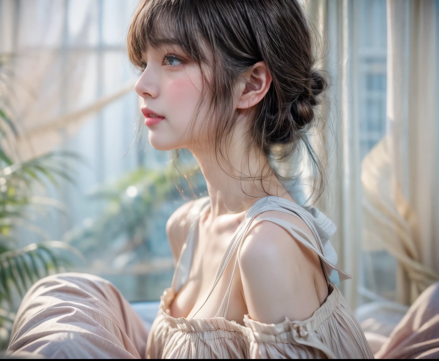 masterpiece、8K、32K、highest quality、(Detailed both eyes)、(cute japanese woman、bangs:1.3)、23 years old、1 girl、elegant、black hair、(movie、Ilford HP5、80mm:1.4)、(Huge :1.2)、(sit:1.3)、Sexy Gravure、(exposed:-1.8)、(saturation:1.2)、profile
