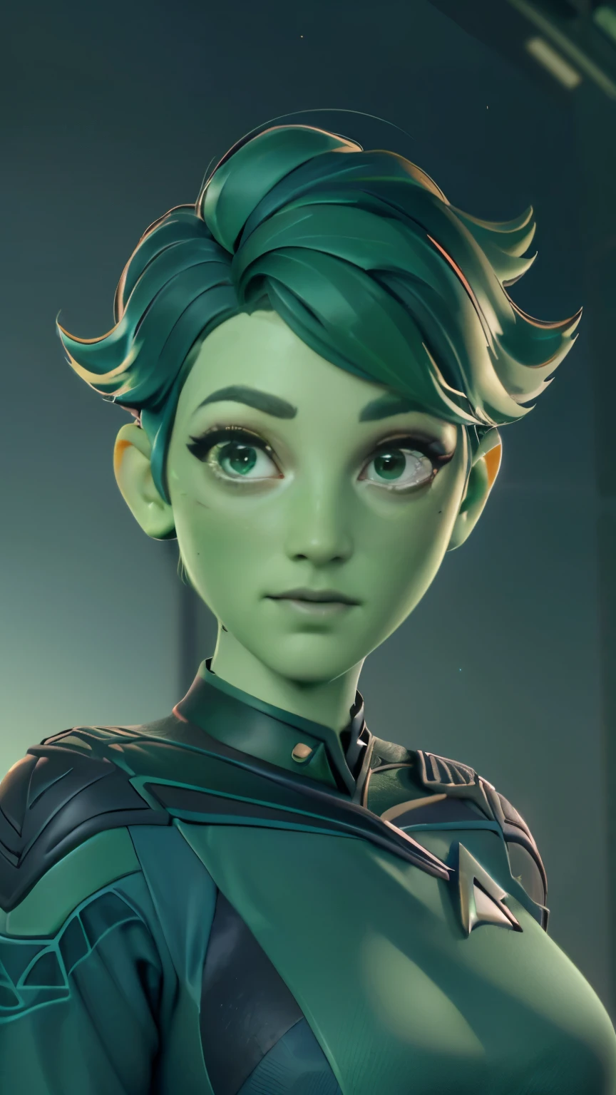 photo of Tendi, an Orion from star trek, RAW, beautiful woman, ((portrait)), ((detailed face:1.2)), (short short dark forest green hair, swept bangs:1.3), ((detailed facial features, vibrant clear green skin, emerald green skin skin:1.5), (perfect proportioned body), (wearing a Starfleet science uniform, TNG:1.21), (high detailed futuristic city environment, sunset skyline), (realistic photo, best quality, detailed), (8k wallpaper), (cinematic lighting, dramatic lighting) (sharp focus, intricate)