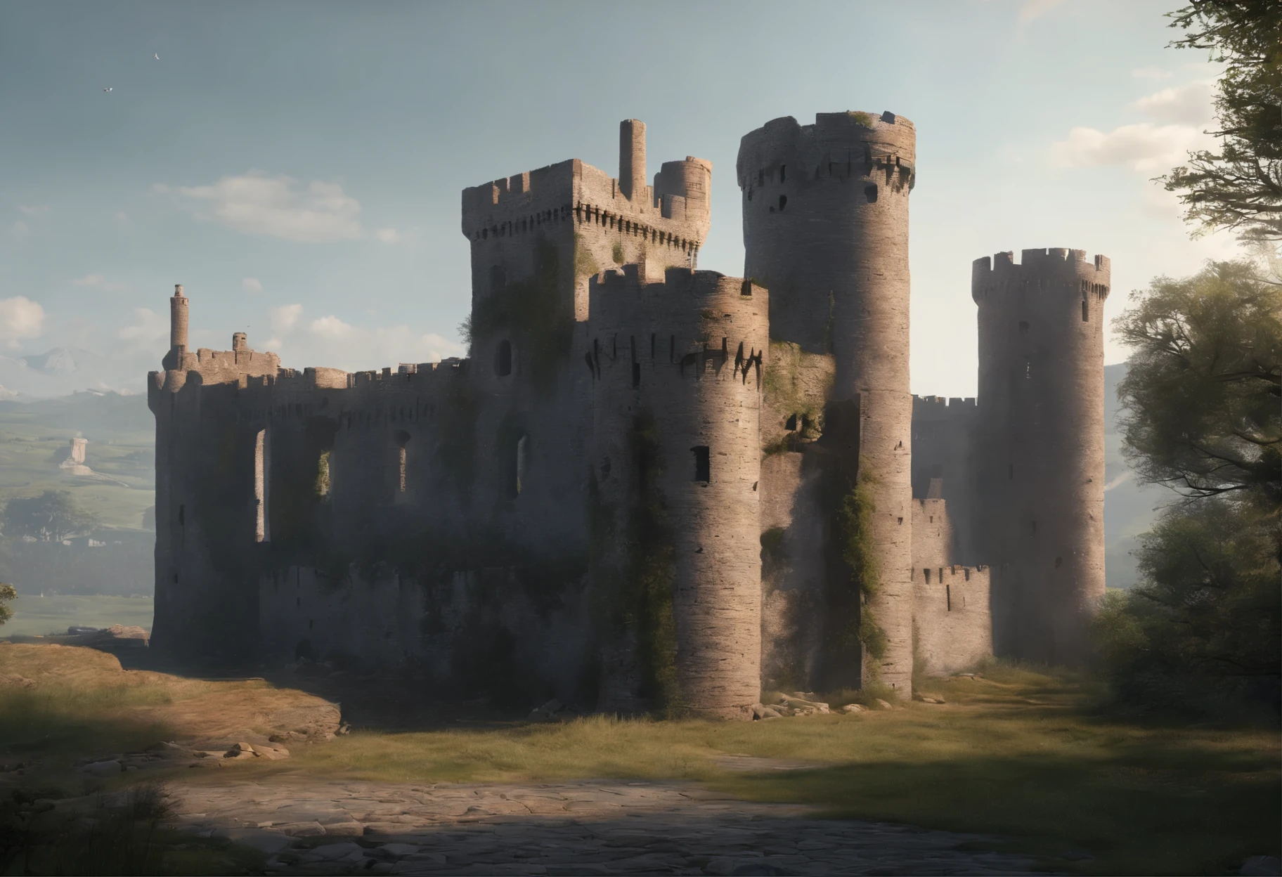 old ruined castle with many round towers and huge lattice gates, (Best Quality, 16K, Masterpiece, UHD, Ultra quality cinematic lighting, Huge detail, Well lit, 35mm, sharp, hyper realistic, epic scale, insane level of details)