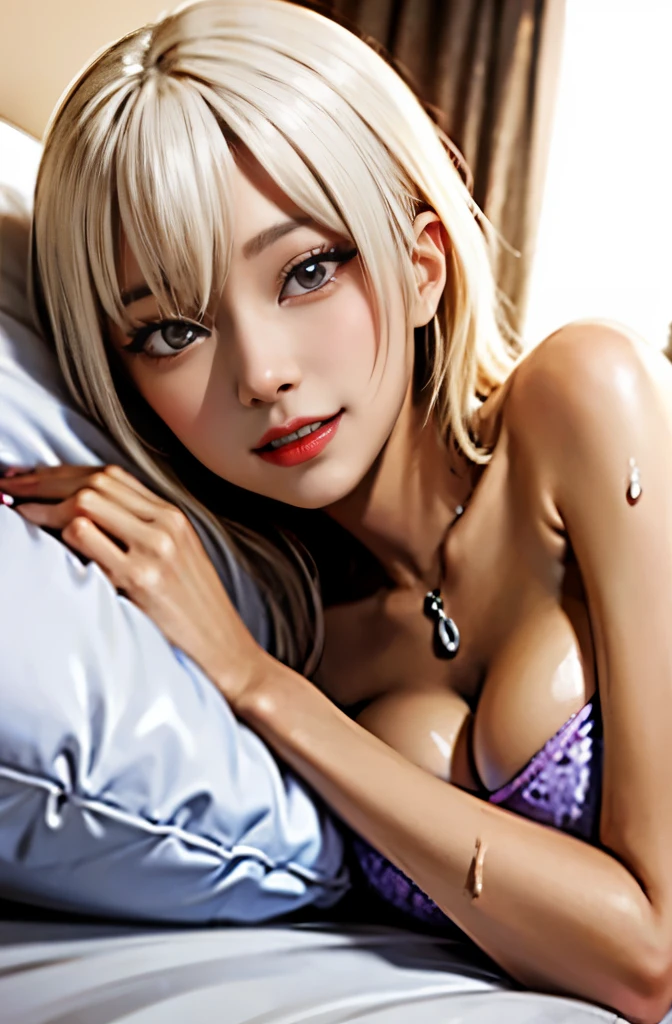 sexy beautiful woman lying on the bed、(((sweat))),Grinning smile、Little devil look、Seducing Woman、spread legs、light colored hair、dark room、薄dark room、room with lights off、woman sneaking into bed