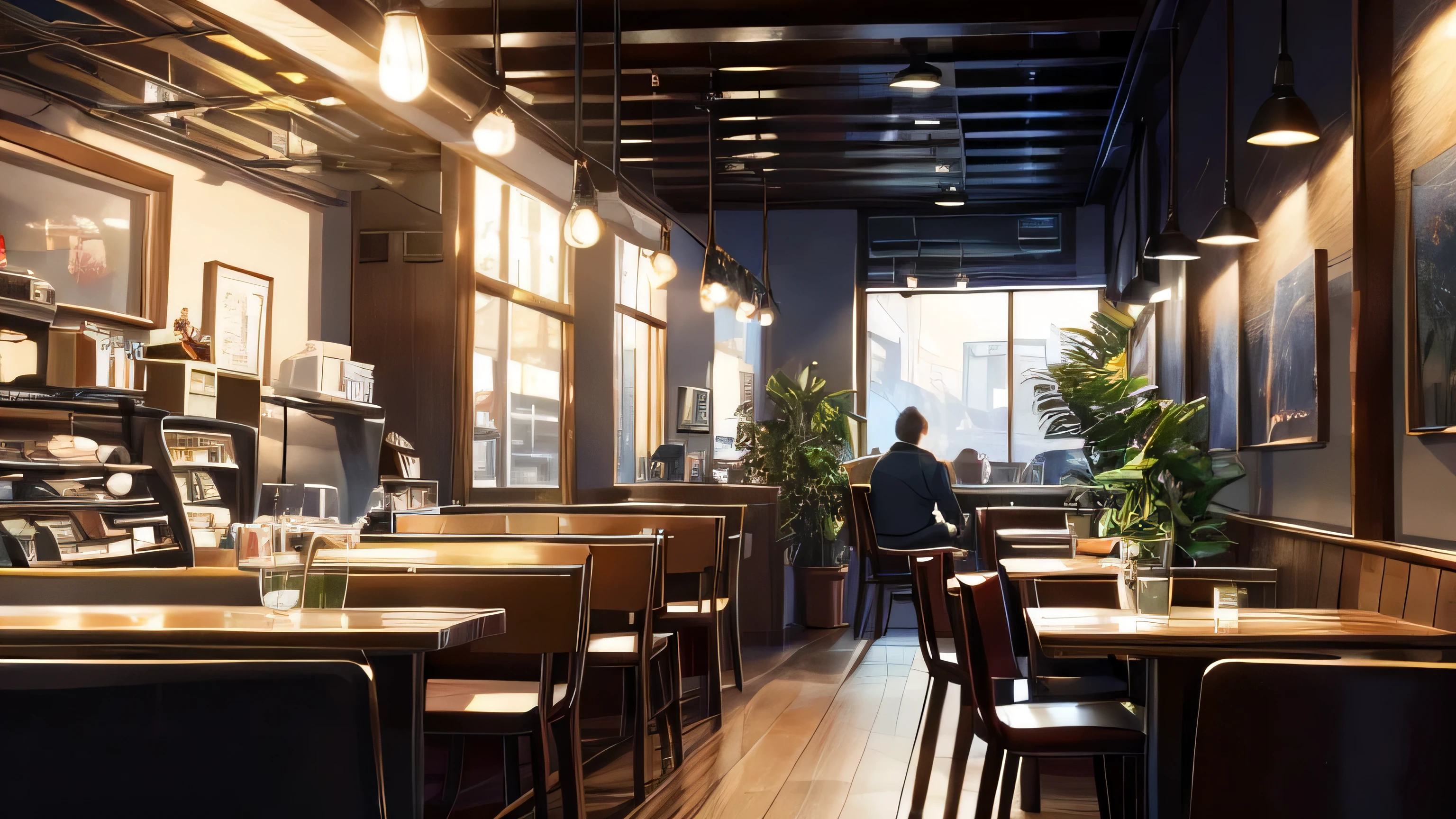 The protagonist spends his afternoons in a cafe with soft lighting, lo-fi background music, desenhando ou escrevendo, imagem superdetalhada --(melhor qualidade:), (ultra high resolution:), , 8k resolution