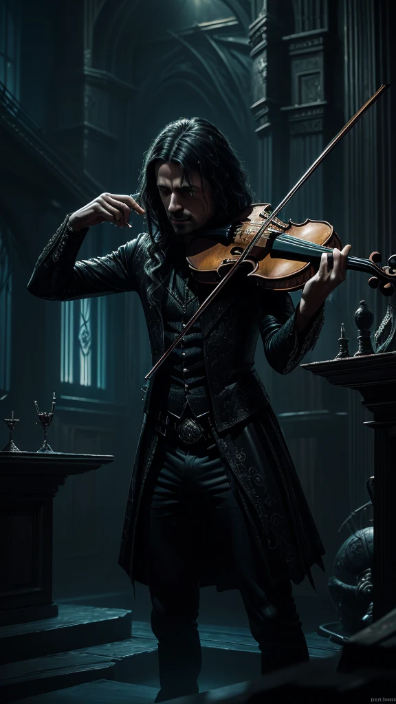 arafed image of a man playing a violin in a dark room, fantasy violin, kerem beyit, just art for dark metal music, dark but detailed digital art, 8 0's style tomasz alen kopera, (fantasy violin), tomasz alen kopera and cgsociety, dramatic artwork, stefan gesell, by Slawomir Maniak