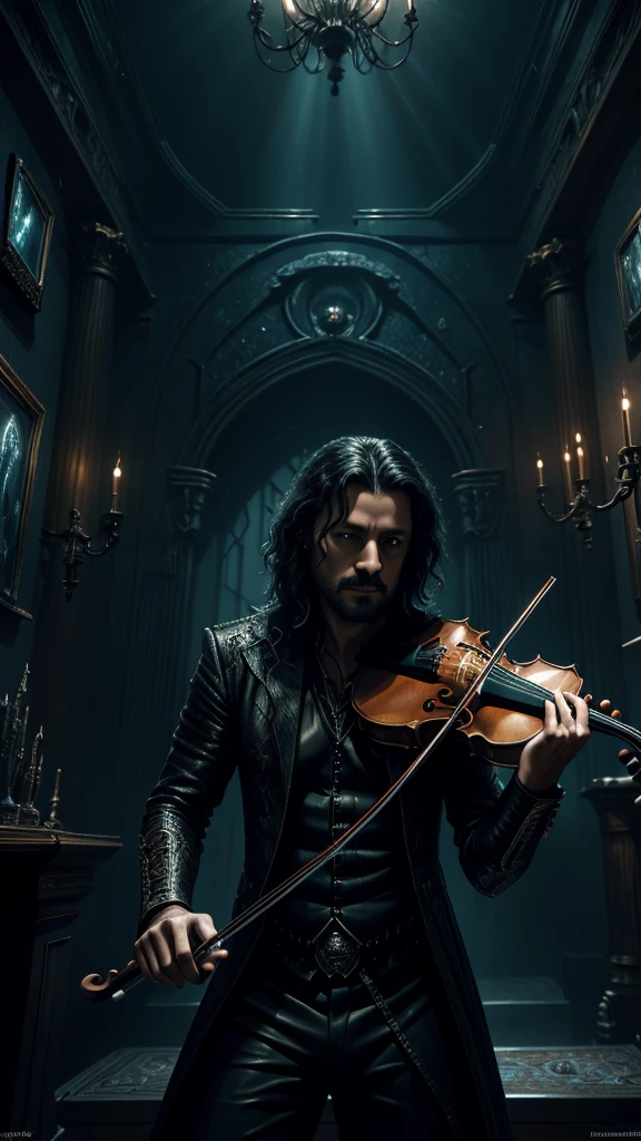 arafed image of a man playing a violin in a dark room, fantasy violin, kerem beyit, just art for dark metal music, dark but detailed digital art, 8 0's style tomasz alen kopera, (fantasy violin), tomasz alen kopera and cgsociety, dramatic artwork, stefan gesell, by Slawomir Maniak