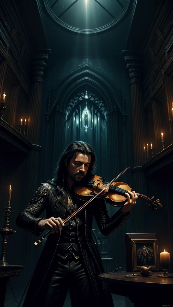 arafed image of a man playing a violin in a dark room, fantasy violin, kerem beyit, just art for dark metal music, dark but detailed digital art, 8 0's style tomasz alen kopera, (fantasy violin), tomasz alen kopera and cgsociety, dramatic artwork, stefan gesell, by Slawomir Maniak