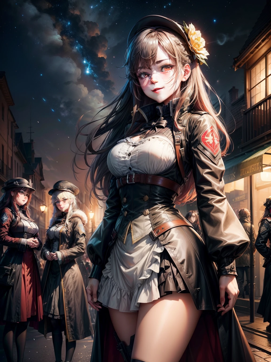 three girls and a boy are standing in front of a night sky, girls frontline universe, guweiz on pixiv artstation, girls frontline cg, 4 k manga wallpaper, artwork in the style of guweiz, best anime 4k konachan wallpaper, kantai collection style, guweiz on artstation pixiv, guweiz, girls frontline style(masterpiece), best quality, expressive eyes, perfect face,a girl smiles towards the camera in a wonderful sunny day. her smile is cheerful but contained and reserved, Victorian era posing in front of a period building, night, street lights, people along the road, horse-drawn carriages, romantic atmosphere, sky with various nocturnal colors and stars.
​ 