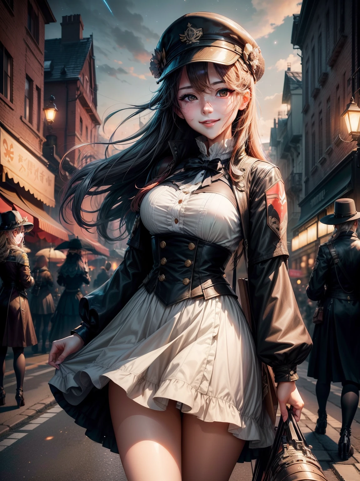three girls and a boy are standing in front of a night sky, girls frontline universe, guweiz on pixiv artstation, girls frontline cg, 4 k manga wallpaper, artwork in the style of guweiz, best anime 4k konachan wallpaper, kantai collection style, guweiz on artstation pixiv, guweiz, girls frontline style(masterpiece), best quality, expressive eyes, perfect face,a girl smiles towards the camera in a wonderful sunny day. her smile is cheerful but contained and reserved, Victorian era posing in front of a period building, night, street lights, people along the road, horse-drawn carriages, romantic atmosphere, sky with various nocturnal colors and stars.
