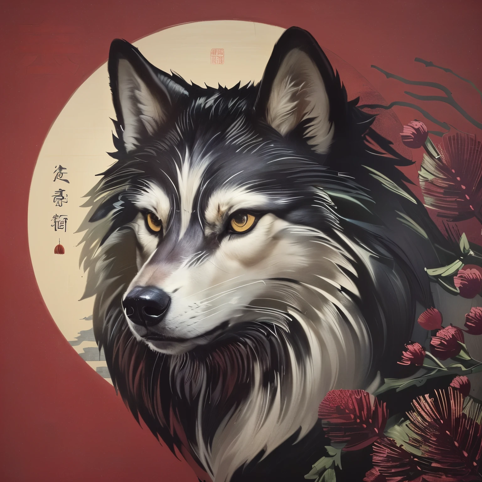 Realistic, masterpiece, Very Realistic, a close up of a white and grey wolf with a red background and a full moon, japanese art style, chinese painting style, best background, best lightning, masterpiece