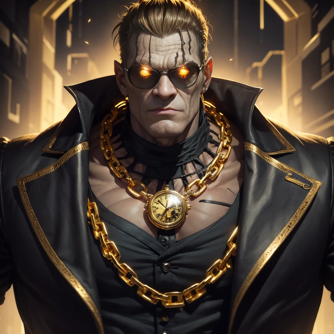 Frankenstein monster, rotten, with black glasses, gold watch, thick gold chains, wearing old suit, ((hyper detailed)), (not duplicated)