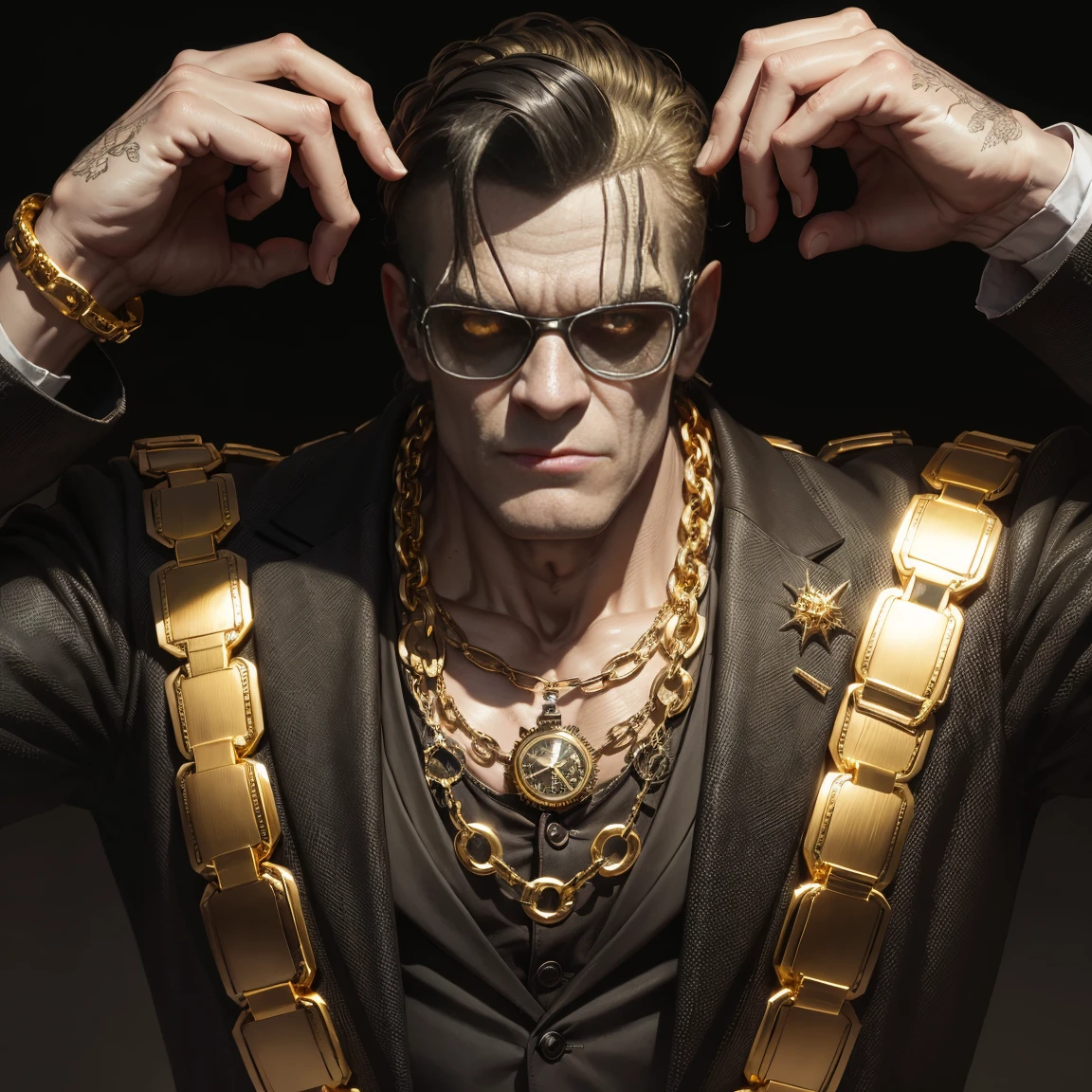 Frankenstein monster, rotten, with black glasses, gold watch, thick gold chains, wearing old suit, ((hyper detailed)), (not duplicated)