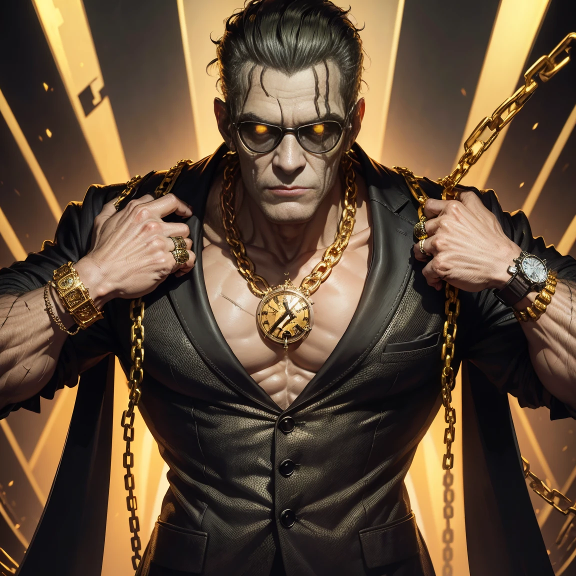 Frankenstein monster, rotten, with black glasses, gold watch, thick gold chains, wearing old suit, ((hyper detailed)), (not duplicated)