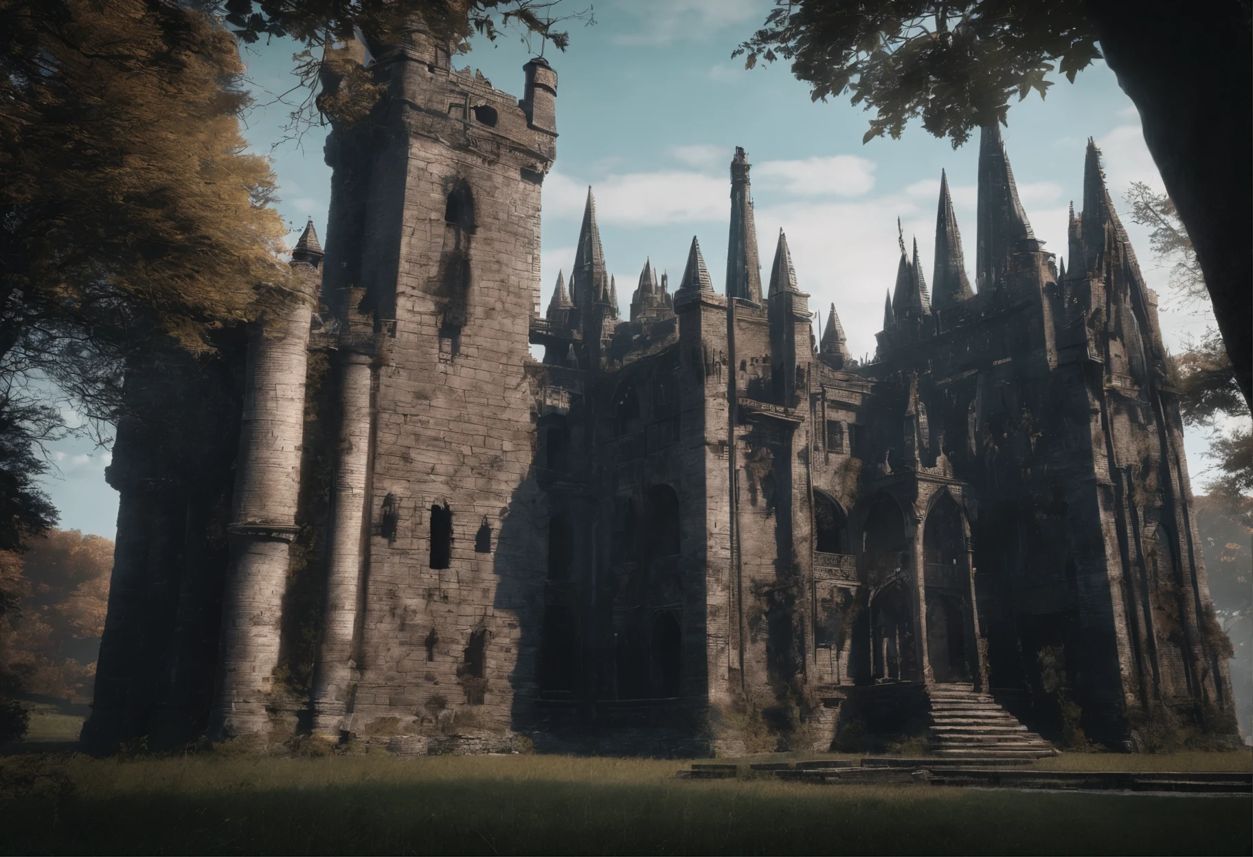 old ruined castle with many round towers and huge lattice gates, (Best Quality, 16K, Masterpiece, UHD, Ultra quality cinematic lighting, Huge detail, Well lit, 35mm, sharp, hyper realistic, epic scale, insane level of details)