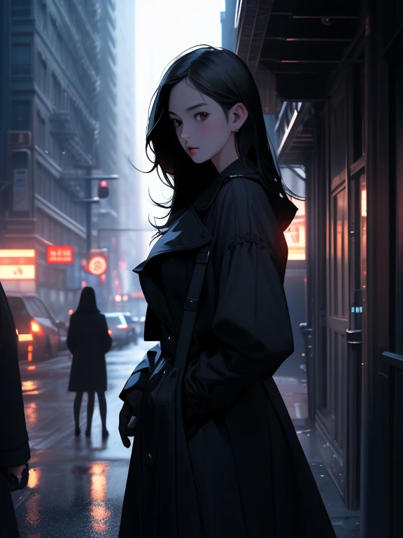 1girl, (looking at viewer:1.2), detail face, (a girl standing, rending on cgsociety, black shadows, streaming, new york backdrop), romanticism, atmospheric, (RAW photo, best quality), (realistic, photo-realistic:1.3), masterpiece, an extremely delicate and beautiful, extremely detailed,