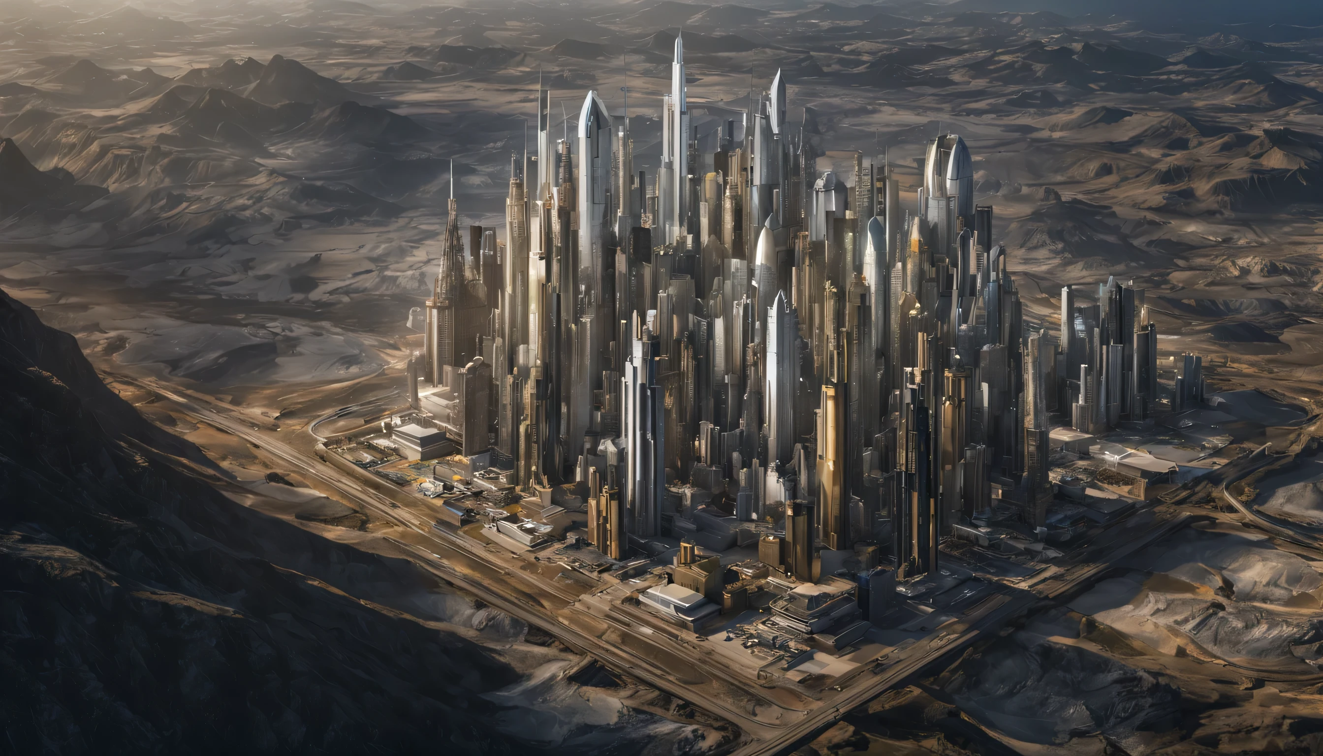 big city with building em alta qualiade de minerais de crystais gigantes na cor dourada metalica, enorme nave espacial, 8k, uhd, muitos detalhes