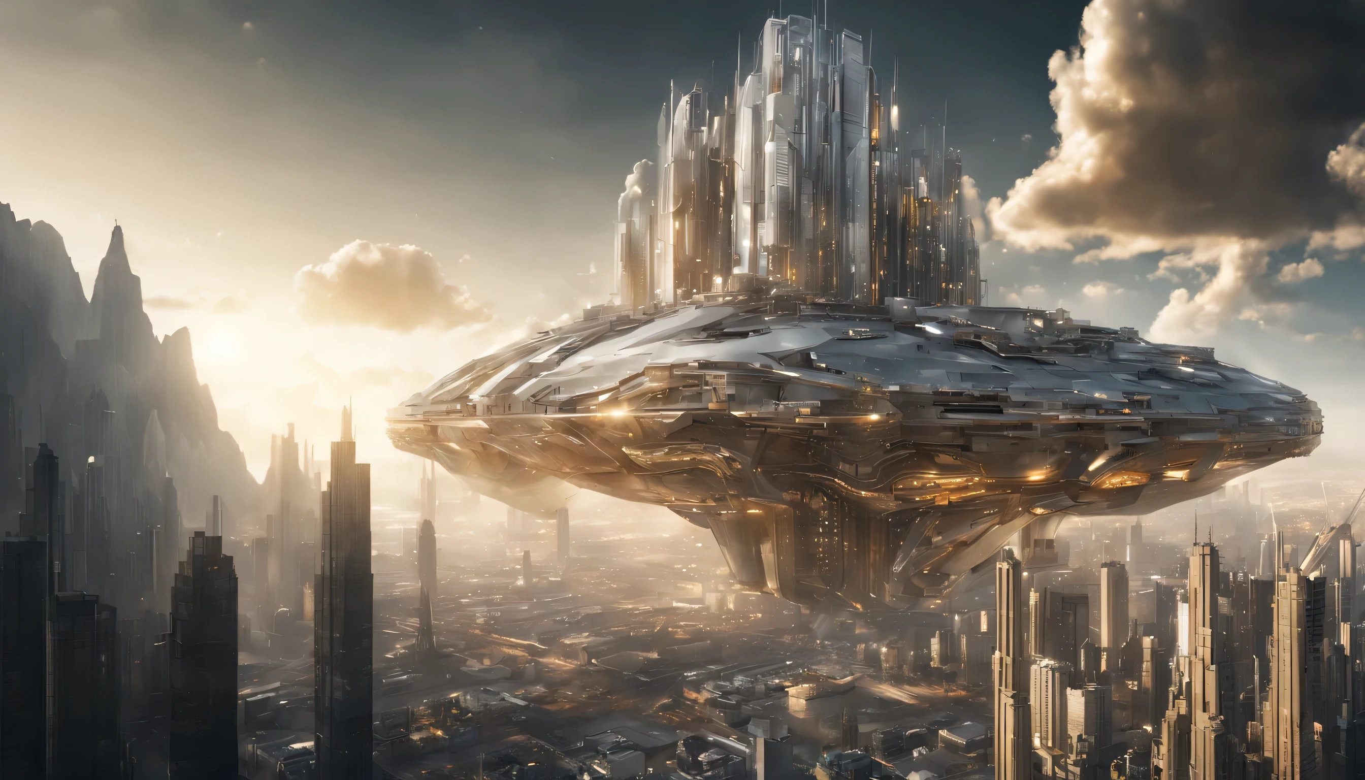 big city with building em alta qualiade de minerais de crystais gigantes na cor dourada metalica, enorme nave espacial, 8k, uhd, muitos detalhes