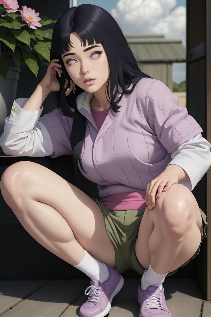 master part, absurdos, Hinata\(Boruto\), 1girl, sozinho,Mature female, Capuz roxo,mangas em camadas, brown pants, ao ar livre, Cloudy sky, perfect composition, circunstanciado lips, peito grande, beautiful face, body propotion, corar, (pink lips), cabelos pretos curtos,  (black hair), lilac eyes, olhar suave, super realistic, circunstanciado, Photo Session, rosto e corpo realistas, Realistic hair, olhos realistas, nariz realista, realistic lips, brown pants, anime, andando sob as petalas de flores, lilac sneakers