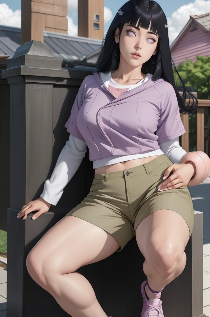 master part, absurdos, Hinata\(Boruto\), 1girl, sozinho,Mature female, Capuz roxo,mangas em camadas, brown pants, ao ar livre, Cloudy sky, perfect composition, circunstanciado lips, peito grande, beautiful face, body propotion, corar, (pink lips), cabelos pretos curtos,  (black hair), lilac eyes, olhar suave, super realistic, circunstanciado, Photo Session, rosto e corpo realistas, Realistic hair, olhos realistas, nariz realista, realistic lips, brown pants, anime, andando sob as petalas de flores, lilac sneakers