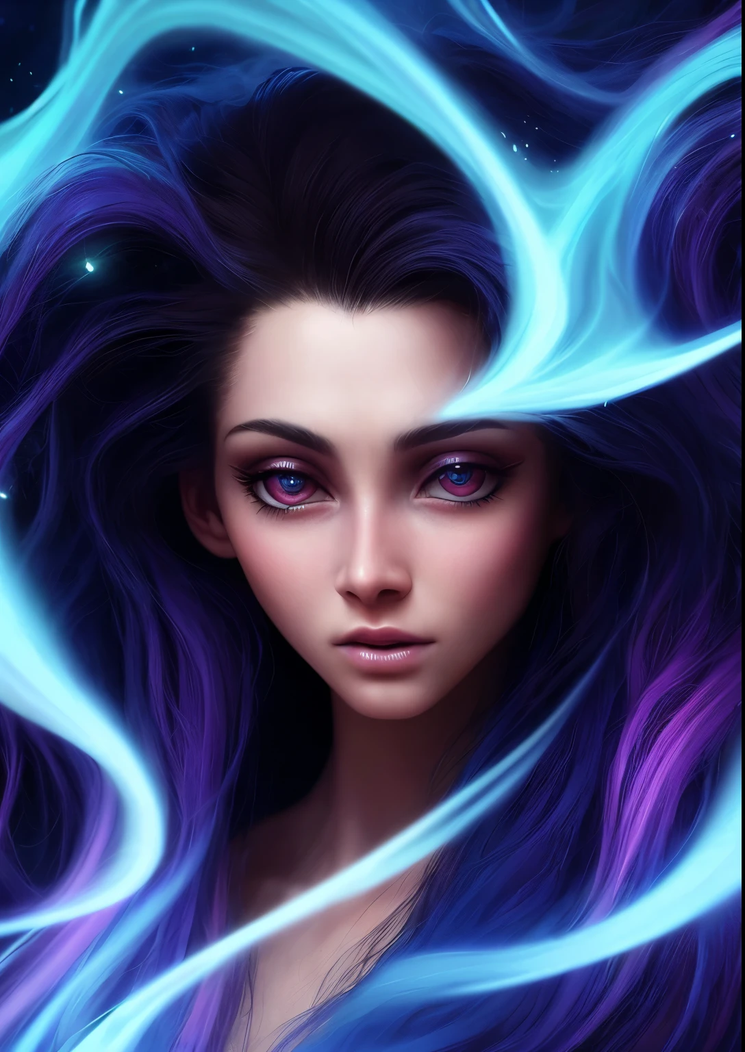 (a portrait),(best quality,4k,8k,highres,masterpiece:1.2),ultra-detailed,(realistic,photorealistic,photo-realistic:1.37),(vivid colors),sharp crystals protruding from underneath her skin,strange appearance,mesmerizing gaze,pale complexion,dark piercing eyes,long flowing hair,ethereal beauty,dark mysterious background,subtle glow,breathtaking details,otherworldly presence,abstract style,wisps of smoke swirling around her,fairytale-like atmosphere