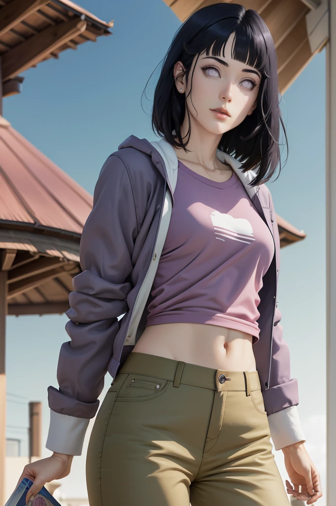 { - anatomy error}(Masterpiece - Ultra-detailed, very high resolution) , absurdos, Hinata\(Boruto\), 1girl, sozinho,Mature female, Capuz roxo,mangas em camadas, brown pants, ao ar livre, Cloudy sky, perfect composition, circunstanciado lips, peito grande, beautiful face, body propotion, corar, (pink lips), cabelos pretos curto (black hair), lilac eyes, olhar suave, super realistic, circunstanciado, Photo Session, rosto e corpo realistas, Realistic hair, olhos realistas, nariz realista, realistic lips, brown pants, anime, reading, writing, dynamic poses, closed mouth. Different Pose.