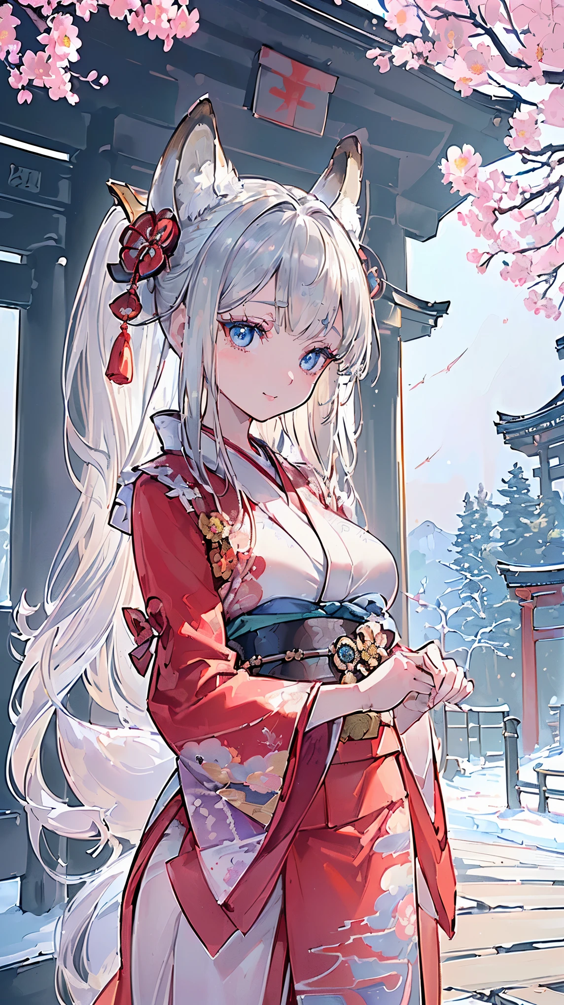 (((Masterpiece))), (((Highest quality))), ((Ultra-detailed)), ((Super fine illustration)), ((Ultra-fine painting)), (Upper body:1.6), HDR, (Highly detailed and delicate illustration style:1.8), Detailed skin texture, Detailed cloth texture, Extreme detailed description, (T-masterpiece), (Highly detailed face:1.2), (Highly detailed shiny silver hair half updo:1.2), (Highly detailed clear eyes:1.2), Original, RAW photo, Professional, Intricate details, Super details, Direct light:1.6, (Perfect anatomy:1.4), (Highly detailed hands:1.2), (Highly detailed fingers:1.2), (Highly detailed fingertips:1.2), (-yeld), R, (Solo:1.8), ((A very beautiful and cute silver fox girl who is an idol and wears a bright red long-sleeved kimono with a floral pattern:1.4)) BRAKE (Beautiful and adorable highly detailed and delicate fox ears:1.8), (Beautiful and well-shaped big breasts), (Beautiful and well-shaped buttocks), (Beautiful and shiny highly detailed and delicate silver hair up hair:1.6), (Beautiful clear and highly delicate blue eyes:1.6), (highly detailed face:1.4), (Smile:1.3), (Vlush:1.4), (Looking at viewer:1.4), (Celebration:1.3), Very detailed, beautiful and perfect hands:1.4, Very detailed, beautiful and perfect fingers:1.4, Very detailed, beautiful and perfect fingertips:1.4 BRAKE (Concept art:1.2), (Detailed fantasy art:1.2) BRAKE (Standing in front of the torii gate:1.3), (Celebration:1.2), (Very detailed and beautiful Ise Grand Shrine:1.4), (Very detailed and beautiful torii gate of Ise Shrine:1.4), (Very detailed and beautiful grounds of Ise Shrine:1.4), (Different world:1.2), (Just after noon:1.4), (16K highest quality wallpaper:1.4), (Very detailed and beautiful Ise Grand Shrine in Mie Prefecture just after noon in winter in the background:1.6), Very beautiful in the sunny sky background just after noon:1.4 BRAKE (Bright red long-sleeved kimono with highly detailed floral pattern:1.4), (Japanese traditional costume:1.2) BRAKE
