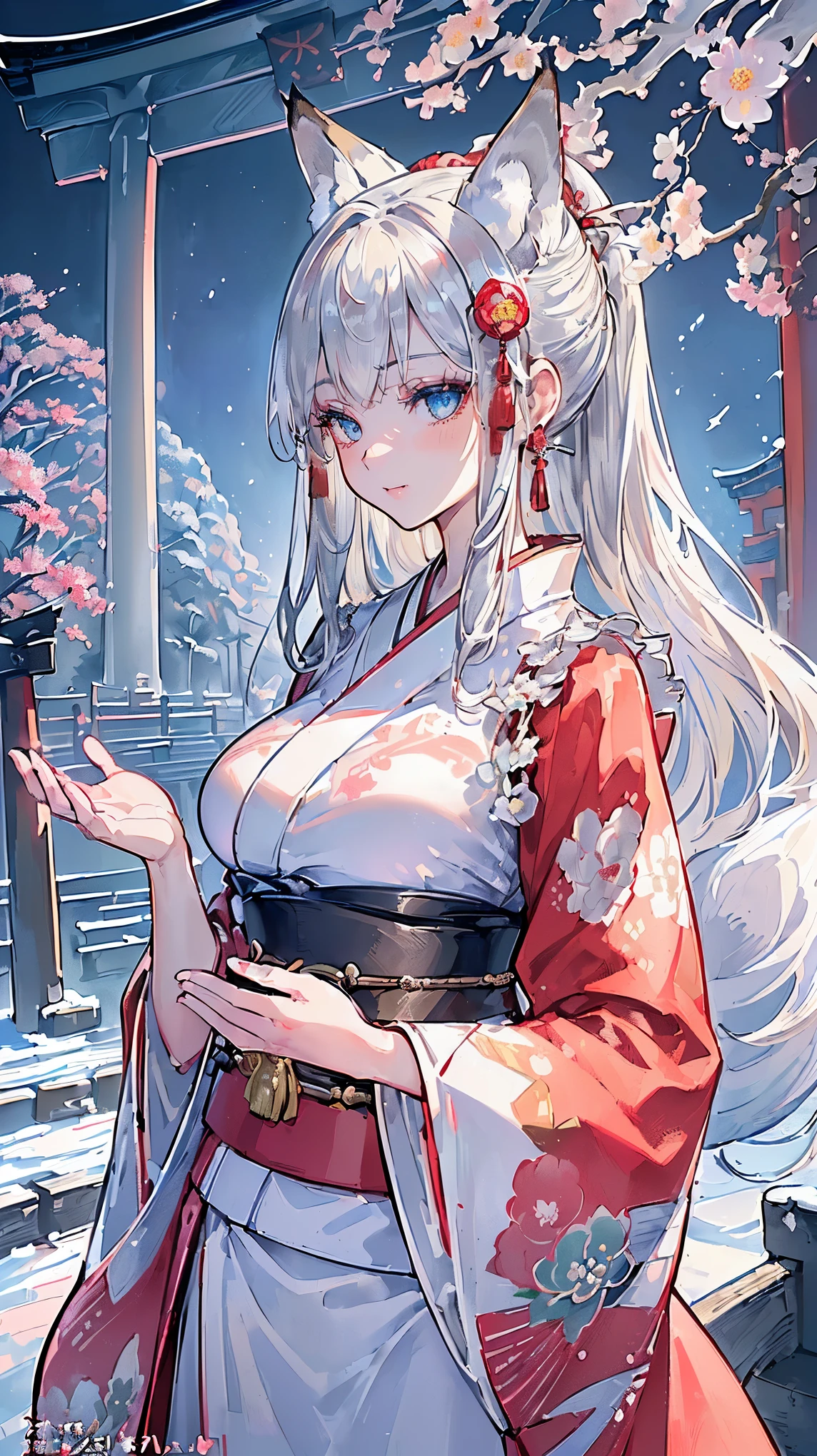 (((Masterpiece))), (((Highest quality))), ((Ultra-detailed)), ((Super fine illustration)), ((Ultra-fine painting)), (Upper body:1.6), HDR, (Highly detailed and delicate illustration style:1.8), Detailed skin texture, Detailed cloth texture, Extreme detailed description, (T-masterpiece), (Highly detailed face:1.2), (Highly detailed shiny silver hair half updo:1.2), (Highly detailed clear eyes:1.2), Original, RAW photo, Professional, Intricate details, Super details, Direct light:1.6, (Perfect anatomy:1.4), (Highly detailed hands:1.2), (Highly detailed fingers:1.2), (Highly detailed fingertips:1.2), (16-years-old), Real, (Solo:1.8), ((A very beautiful and cute silver fox girl who is an idol and wears a bright red long-sleeved kimono with a floral pattern:1.4)) BRAKE (Beautiful and adorable highly detailed and delicate fox ears:1.8), (Beautiful and well-shaped big breasts), (Beautiful and well-shaped buttocks), (Beautiful and shiny highly detailed and delicate silver hair up hair:1.6), (Beautiful clear and highly delicate blue eyes:1.6), (highly detailed face:1.4), (Smile:1.3), (Vlush:1.4), (Looking at viewer:1.4), (Celebration:1.3), Very detailed, beautiful and perfect hands:1.4, Very detailed, beautiful and perfect fingers:1.4, Very detailed, beautiful and perfect fingertips:1.4 BRAKE (Concept art:1.2), (Detailed fantasy art:1.2) BRAKE (Standing in front of the torii gate:1.3), (Celebration:1.2), (Very detailed and beautiful Ise Grand Shrine:1.4), (Very detailed and beautiful torii gate of Ise Shrine:1.4), (Very detailed and beautiful grounds of Ise Shrine:1.4), (Different world:1.2), (Just after noon:1.4), (16K highest quality wallpaper:1.4), (Very detailed and beautiful Ise Grand Shrine in Mie Prefecture just after noon in winter in the background:1.6), Very beautiful in the sunny sky background just after noon:1.4 BRAKE (Bright red long-sleeved kimono with highly detailed floral pattern:1.4), (Japanese traditional costume:1.2) BRAKE 