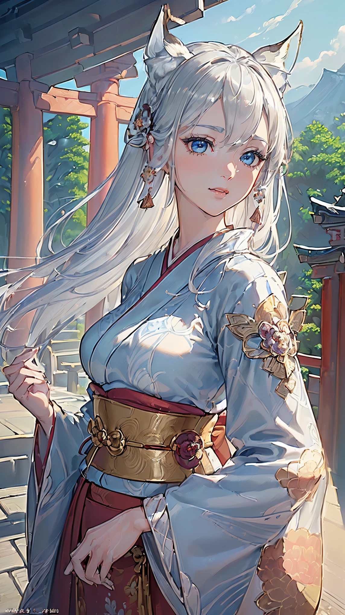 (((Masterpiece))), (((Highest quality))), ((Ultra-detailed)), ((Super fine illustration)), ((Ultra-fine painting)), (Upper body:1.6), HDR, (Highly detailed and delicate illustration style:1.8), Detailed skin texture, Detailed cloth texture, Extreme detailed description, (T-masterpiece), (Highly detailed face:1.2), (Highly detailed shiny silver hair half updo:1.2), (Highly detailed clear eyes:1.2), Original, RAW photo, Professional, Intricate details, Super details, Direct light:1.6, (Perfect anatomy:1.4), (Highly detailed hands:1.2), (Highly detailed fingers:1.2), (Highly detailed fingertips:1.2), (16-years-old), Real, (Solo:1.8), ((A very beautiful and cute silver fox girl who is an idol and wears a bright red long-sleeved kimono with a floral pattern:1.4)) BRAKE (Beautiful and adorable highly detailed and delicate fox ears:1.8), (Beautiful and well-shaped big breasts), (Beautiful and well-shaped buttocks), (Beautiful and shiny highly detailed and delicate silver hair up hair:1.6), (Beautiful clear and highly delicate blue eyes:1.6), (highly detailed face:1.4), (Smile:1.3), (Vlush:1.4), (Looking at viewer:1.4), (Celebration:1.3), Very detailed, beautiful and perfect hands:1.4, Very detailed, beautiful and perfect fingers:1.4, Very detailed, beautiful and perfect fingertips:1.4 BRAKE (Concept art:1.2), (Detailed fantasy art:1.2) BRAKE (Standing in front of the torii gate:1.3), (Celebration:1.2), (Very detailed and beautiful Ise Grand Shrine:1.4), (Very detailed and beautiful torii gate of Ise Shrine:1.4), (Very detailed and beautiful grounds of Ise Shrine:1.4), (Different world:1.2), (Just after noon:1.4), (16K highest quality wallpaper:1.4), (Very detailed and beautiful Ise Grand Shrine in Mie Prefecture just after noon in winter in the background:1.6), Very beautiful in the sunny sky background just after noon:1.4 BRAKE (Bright red long-sleeved kimono with highly detailed floral pattern:1.4), (Japanese traditional costume:1.2) BRAKE
