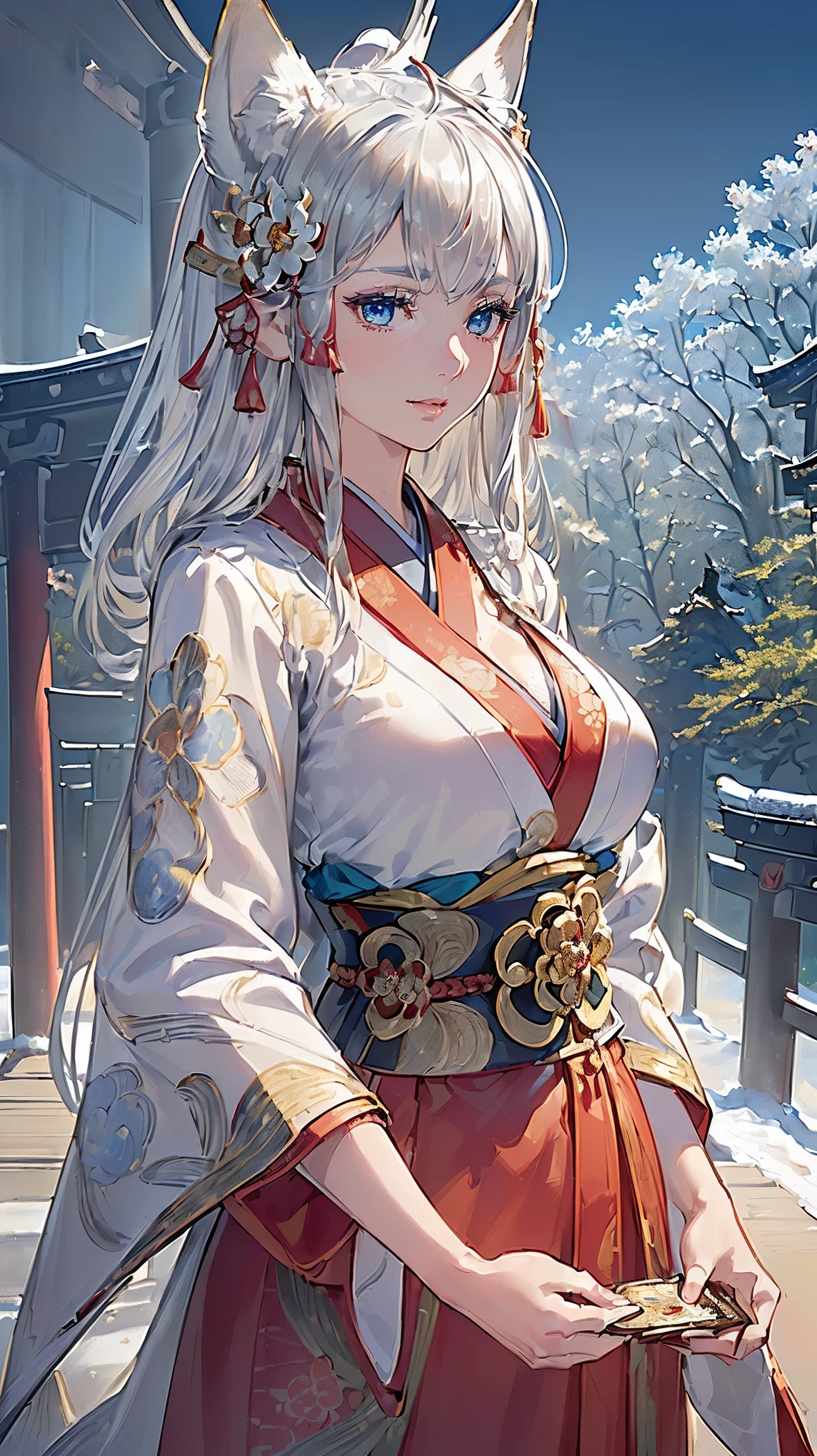 (((Masterpiece))), (((Highest quality))), ((Ultra-detailed)), ((Super fine illustration)), ((Ultra-fine painting)), (Upper body:1.6), HDR, (Highly detailed and delicate illustration style:1.8), Detailed skin texture, Detailed cloth texture, Extreme detailed description, (T-masterpiece), (Highly detailed face:1.2), (Highly detailed shiny silver hair half updo:1.2), (Highly detailed clear eyes:1.2), Original, RAW photo, Professional, Intricate details, Super details, Direct light:1.6, (Perfect anatomy:1.4), (Highly detailed hands:1.2), (Highly detailed fingers:1.2), (Highly detailed fingertips:1.2), (-yeld), R, (Solo:1.8), ((A very beautiful and cute silver fox girl who is an idol and wears a bright red long-sleeved kimono with a floral pattern:1.4)) BRAKE (Beautiful and adorable highly detailed and delicate fox ears:1.8), (Beautiful and well-shaped big breasts), (Beautiful and well-shaped buttocks), (Beautiful and shiny highly detailed and delicate silver hair up hair:1.6), (Beautiful clear and highly delicate blue eyes:1.6), (highly detailed face:1.4), (Smile:1.3), (Vlush:1.4), (Looking at viewer:1.4), (Celebration:1.3), Very detailed, beautiful and perfect hands:1.4, Very detailed, beautiful and perfect fingers:1.4, Very detailed, beautiful and perfect fingertips:1.4 BRAKE (Concept art:1.2), (Detailed fantasy art:1.2) BRAKE (Standing in front of the torii gate:1.3), (Celebration:1.2), (Very detailed and beautiful Ise Grand Shrine:1.4), (Very detailed and beautiful torii gate of Ise Shrine:1.4), (Very detailed and beautiful grounds of Ise Shrine:1.4), (Different world:1.2), (Just after noon:1.4), (16K highest quality wallpaper:1.4), (Very detailed and beautiful Ise Grand Shrine in Mie Prefecture just after noon in winter in the background:1.6), Very beautiful in the sunny sky background just after noon:1.4 BRAKE (Bright red long-sleeved kimono with highly detailed floral pattern:1.4), (Japanese traditional costume:1.2) BRAKE