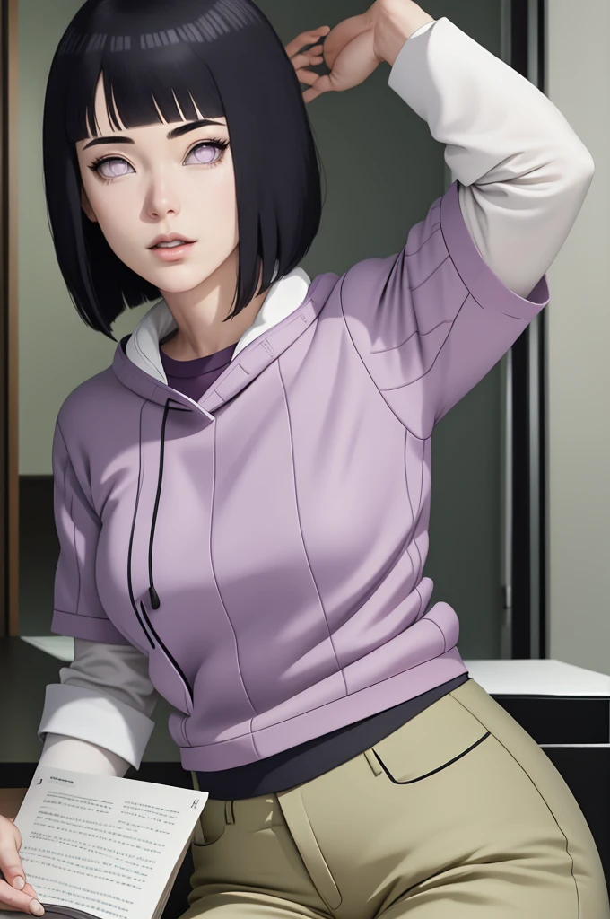 { - anatomy error}(Masterpiece - Ultra-detailed, very high resolution) , absurdos, Hinata\(Boruto\), 1girl, sozinho,Mature female, Capuz roxo,mangas em camadas, brown pants, ao ar livre, Cloudy sky, perfect composition, circunstanciado lips, peito grande, beautiful face, body propotion, corar, (pink lips), cabelos pretos curto (black hair), lilac eyes, olhar suave, super realistic, circunstanciado, Photo Session, rosto e corpo realistas, Realistic hair, olhos realistas, nariz realista, realistic lips, brown pants, anime, reading, writing, dynamic poses, closed mouth. Different Pose.