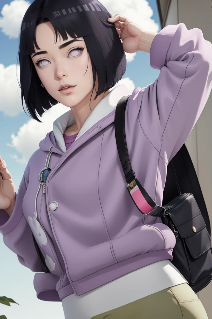 { - ??????? error}(Masterpiece - Ultra-detailed, very high resolution) , absurdos, Hinata\(Boruto\), 1girl, sozinho,Mature female, Capuz roxo,mangas em camadas, brown pants, ao ar livre, Cloudy sky, perfect composition, circunstanciado lips, peito grande, beautiful face, body propotion, corar, (pink lips), cabelos pretos curto (black hair), lilac eyes, olhar suave, super realistic, circunstanciado, Photo Session, rosto e corpo realistas, Realistic hair, olhos realistas, nariz realista, realistic lips, brown pants, anime, reading, writing, dynamic poses, closed mouth. Different Pose.
