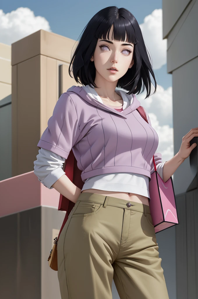 { - anatomy error}(Masterpiece - Ultra-detailed, very high resolution) , absurdos, Hinata\(Boruto\), 1girl, sozinho,Mature female, Capuz roxo,mangas em camadas, brown pants, ao ar livre, Cloudy sky, perfect composition, circunstanciado lips, peito grande, beautiful face, body propotion, corar, (pink lips), cabelos pretos curto (black hair), lilac eyes, olhar suave, super realistic, circunstanciado, Photo Session, rosto e corpo realistas, Realistic hair, olhos realistas, nariz realista, realistic lips, brown pants, anime, reading, writing, dynamic poses, closed mouth. Different Pose.