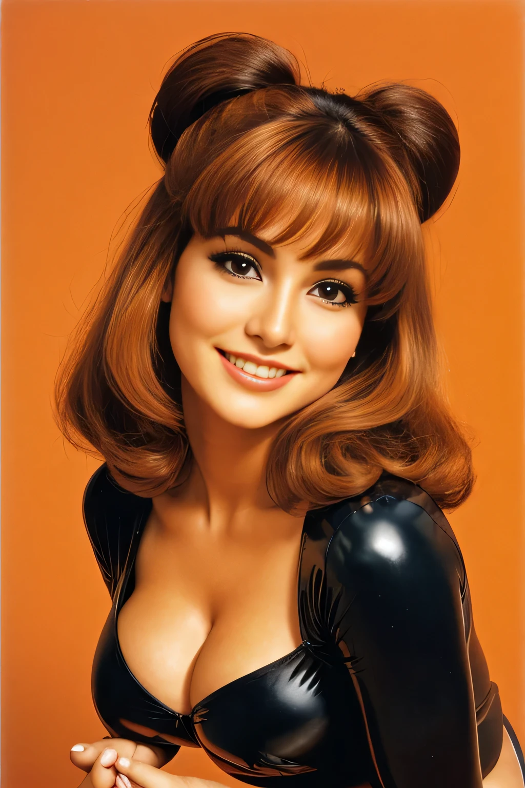 trentenaire, mexicain, grosses, photo vintage, visage feminin parfait, cheveux tres LONG, tache de rousseur, 1969, gros seins énormes : 38H, vue de face, ( Costume en latex orange, Col en V, gros décolleté, beaux yeux, belles mains, Sourires, visage parfait,, tres long décolleté, couleur de fond orange) , excité