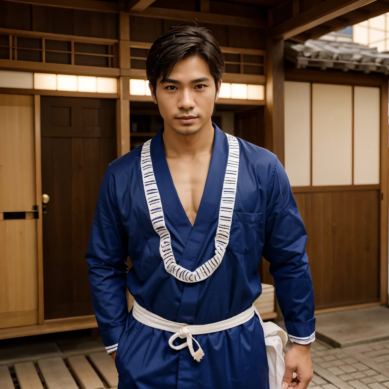 Homem bonito, Japanese, magro, cavanhaque, na cidade, roupa de academia