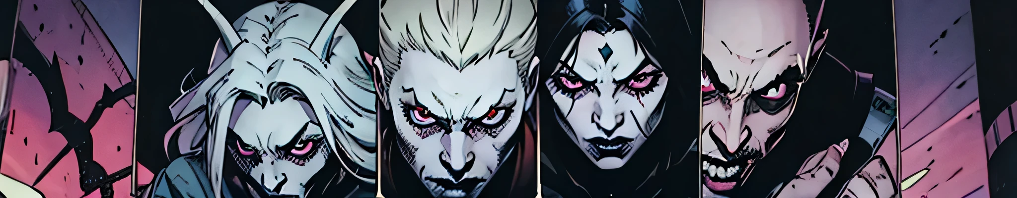 the image must feature several ugly and terrifying demons with ghoulish red eyes next to each other like a comic book style banner