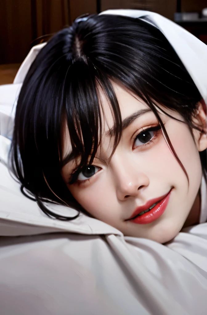 Beauty on the bed、steam, (((sweat))),Grinning smile、Little devil look、Seducing Woman、dark room、薄dark room、room with lights off、woman sneaking into bed、under covers、cover your head with a sheet、POV