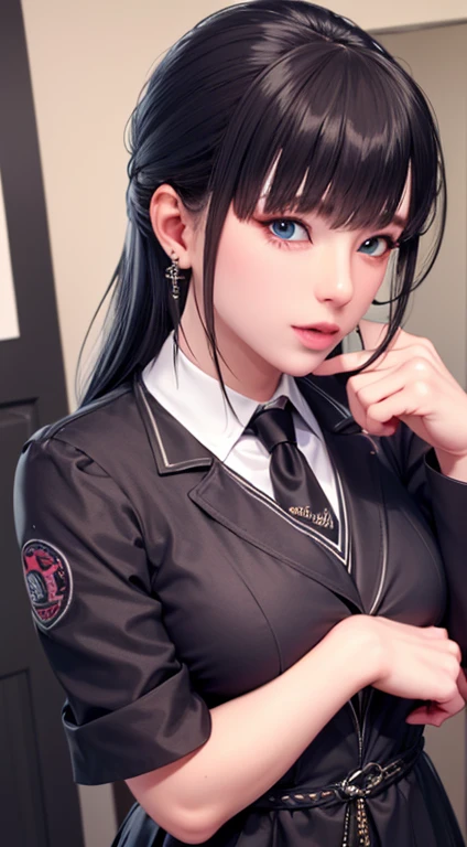 masterpiece,bestquality,hires,4k,1realisticanimegirl,beautifulanddetailedart,pastelcolor,popart,make-up,glowingskin,realisticlightingandshadowing,beautifuldetailedeyes,starrynightsky,magnificentpanoramaview,greyhairwithpastelaquadip-dyehair,schooluniform,blush